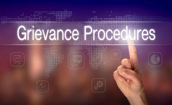 Male Hand Selecting Grievance Procedures Button Clear Screen Blurred Background — Stock Photo, Image