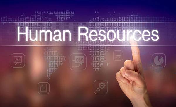 Male Hand Selecting Human Resorces Button Clear Screen Blurred Background — Stock Photo, Image