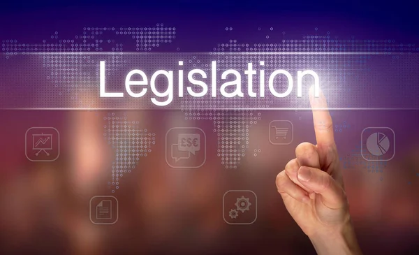 Male Hand Selecting Legislation Button Clear Screen Blurred Background — Stock Photo, Image