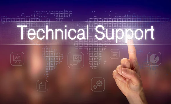 Male Hand Selecting Technical Support Button Clear Screen Blurred Background — Stock Photo, Image