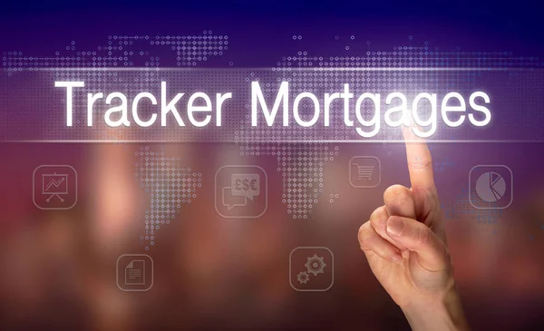 Männliche Hand Wählt Tracker Hypotheken Taste Auf Klarem Bildschirm Mit — Stockfoto