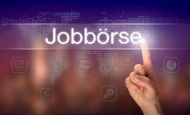 Erkek el ile arka plan bulanık açık ekranında Jobborse (iş piyasasında) düğmesini seçme