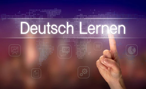 Бизнесмен Нажимает Кнопку Deutsch Lernen Немецком Языке Футуристическом Дисплее Компьютера — стоковое фото
