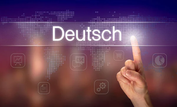Businessman Pressing German Deutsch Button German Futuristic Computer Display — Stock Photo, Image