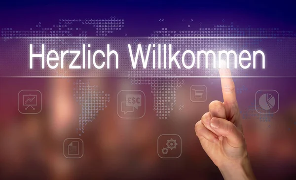 Чоловічої Руки Вибравши Кнопку Herzlich Willkommen Ласкаво Просимо Чіткий Екран — стокове фото
