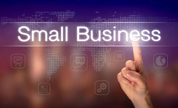 Męskie Ręcznie Wybierając Przycisk Small Business Wyraźnym Ekranie Niewyraźne Tło — Zdjęcie stockowe