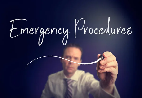 Businessman Writing Emergency Procedures Concept White Pen Clear Screen — Stock Photo, Image