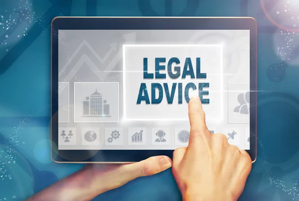 Een Hand Een Tablet Computer Een Juridisch Advies Businessconcept Drukken — Stockfoto