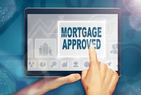 Hand Holding Computer Tablet Pressing Mortgage Approved Business Concept — Stock Photo, Image