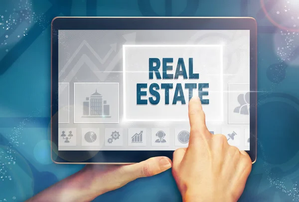 Hand Selecting Real Estate Business Concept Computer Tablet Screen Colorful — Stock Photo, Image
