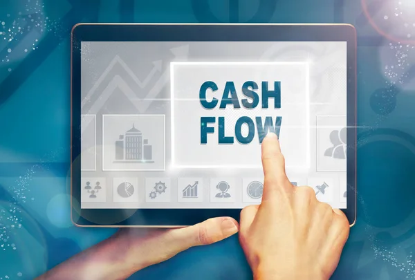 Een Hand Een Tablet Computer Een Bedrijfsconcept Cashflow Drukken — Stockfoto