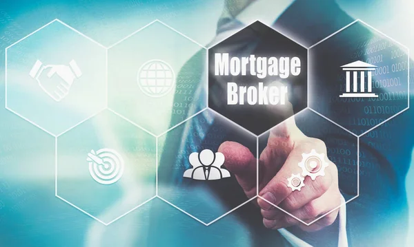 Businessman Hand Selecting Mortgage Broker Concept Button Futuristic Computer Screen — Stock Photo, Image