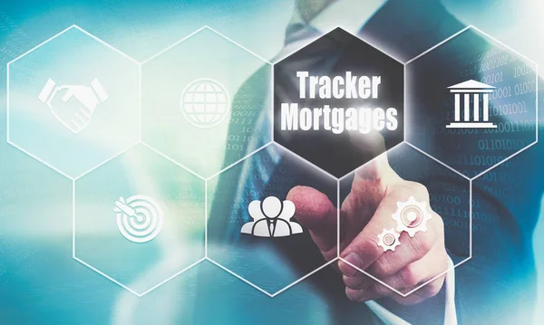 Businessman Hand Selecting Tracker Mortgages Concept Button Futuristic Computer Screen — Stock Photo, Image