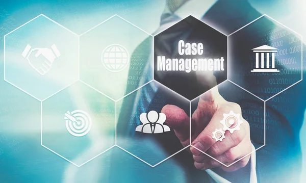 Affärsman Hand Välja Case Management Koncept Futuristisk Datorskärm — Stockfoto