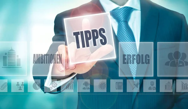 Businessman Pressing Advice Tipps Button German Futuristic Computer Display — Stock Photo, Image