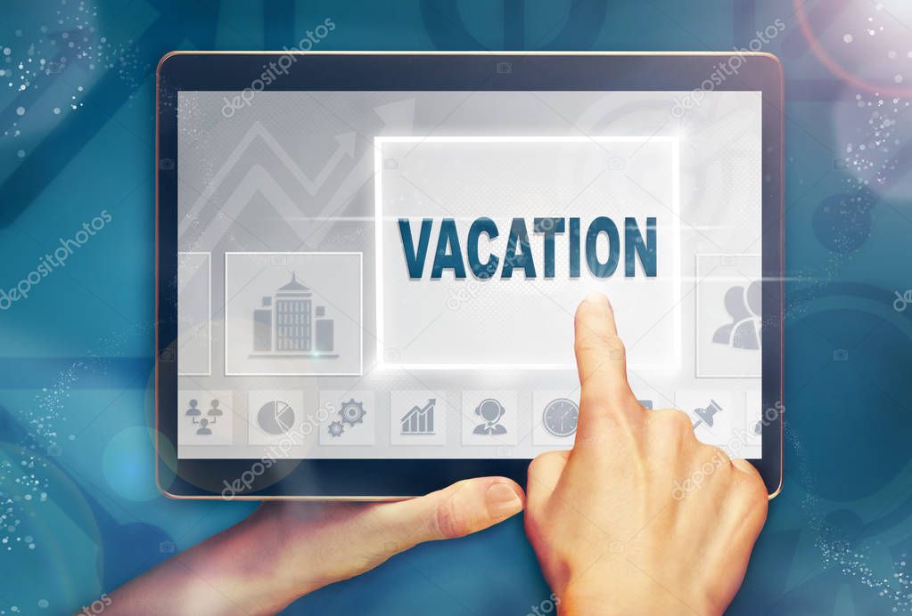 A hand selecting a Vacation business concept on a computer tablet screen with a colorful background.