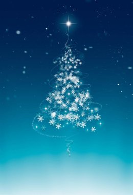 Mavi ve beyaz Noel ağacı ve kar tanesi desen çizimi dokulu arka plan.