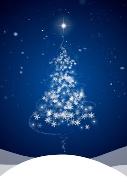 Mavi ve beyaz Noel ağacı ve kar tanesi desen çizimi dokulu arka plan.