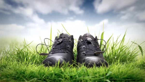 Een paar zwarte trainers, sportschoenen op weelderig groen gras met een — Stockfoto