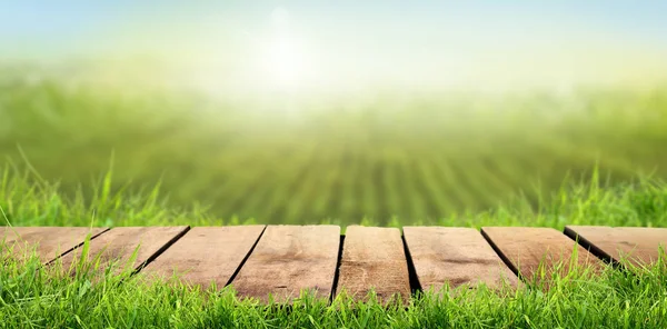 Drewniany stół z słonecznym latem tło rolne — Zdjęcie stockowe