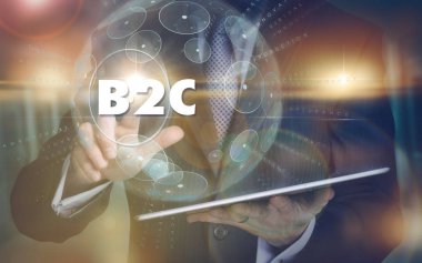 Fütüristik bir bilgisayarda B2c iş konseptini seçen bir el
