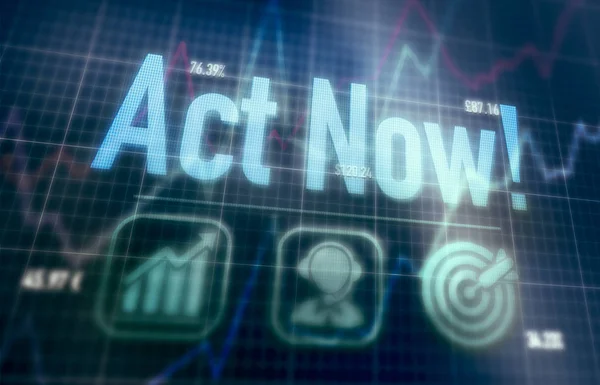 Act Now concept on a blue dot matrix computer display. — Stock Photo, Image