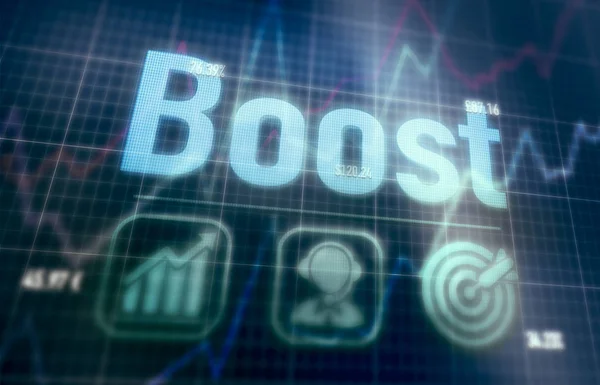 Boost-Konzept auf einem Blue-Dot-Matrix-Computerdisplay. — Stockfoto