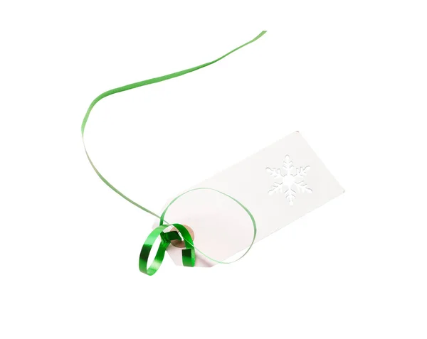 Gift Tags Label Template Green Ribbon Attached Add Presents Christmas — Stock Photo, Image