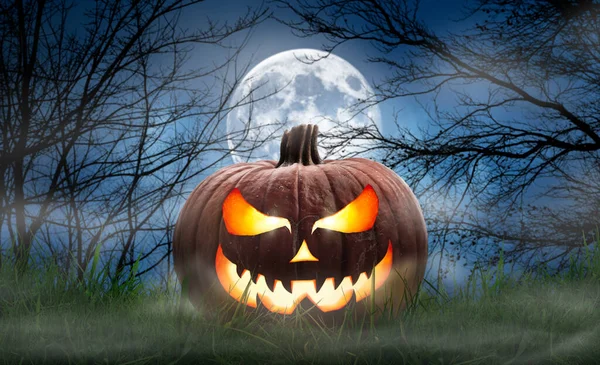 Jedna Strašidelná Halloween Dýně Jack Lantern Ďábelskou Tváří Očima Trávě — Stock fotografie