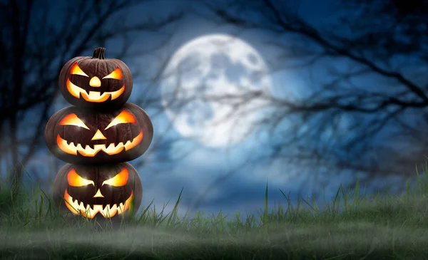 Een Stapel Van Drie Griezelige Halloween Pompoen Jack Lantern Met — Stockfoto