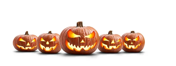 Grupo Cinco Espeluznantes Calabazas Halloween Iluminadas Jack Lantern Con Cara — Foto de Stock