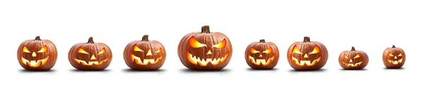 Grupo Ocho Espeluznantes Calabazas Halloween Iluminadas Jack Lantern Con Cara — Foto de Stock