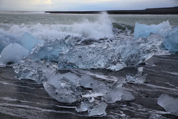 Glacier Ice Chunks Black Beach Jokulsarlon Stock Photo