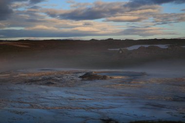 Iceland landscape, Hveravellir geothermal area, area of fumaroles, and multicoloured hot pools clipart