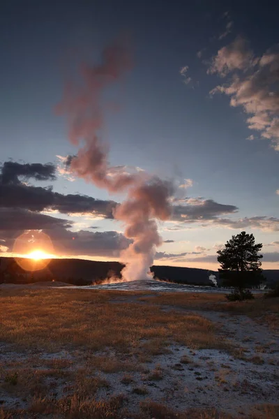 Régi Hűséges Gejzír Kitörése Yellowstone Nemzeti Parkban — Stock Fotó