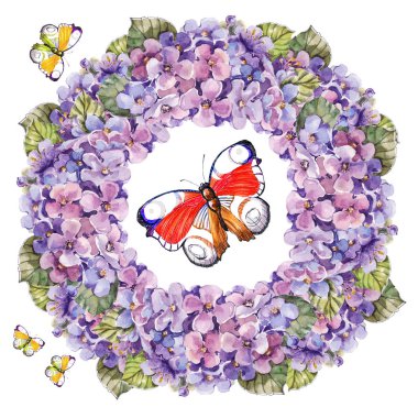 Suluboya ortanca çiçek. Kırmızı kelebek ile illüstrasyon çelenk.