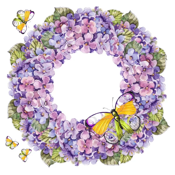 Hydrangea Цветок Акварели Иллюстрационный Венок Желтой Бабочкой — стоковое фото