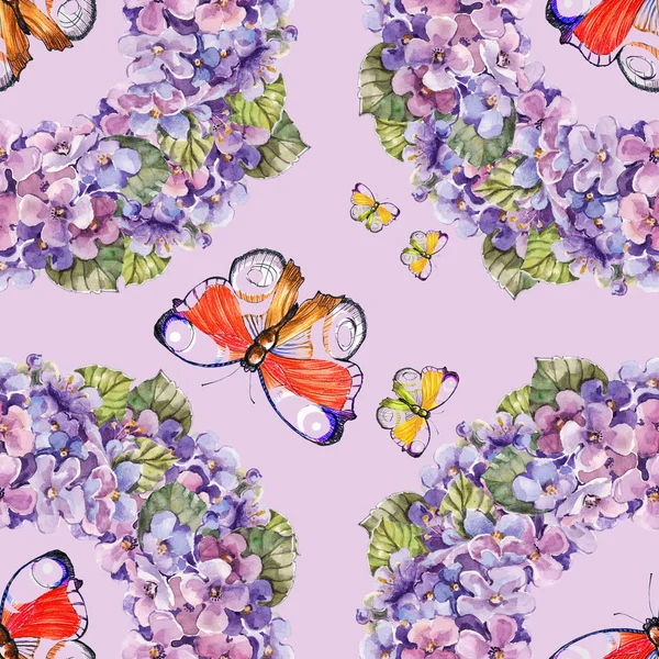 Hydrangea Flower Watercolor Butterfly Seamless Pattern Lilac Background — Stock Photo, Image