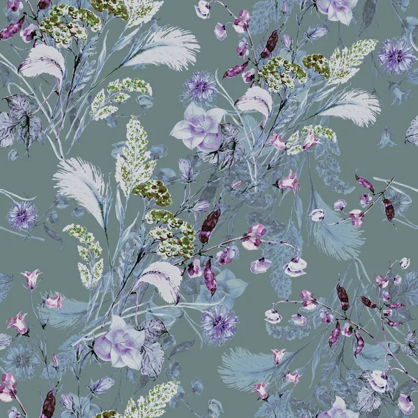 Suluboya buket alan çiçek. Dikişsiz tek renkli desen. Yeşil arka plan.