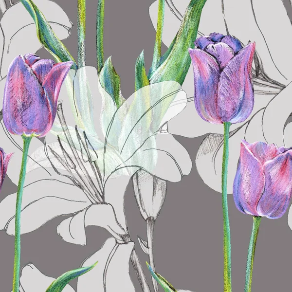 Purple Tulis Color Pencil White Lily Graphic Seamless Pattern Gray — Stock Photo, Image