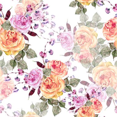 Suluboya çiçek seamless modeli. Çiçek çiçek kuru ile beyaz bir arka plan üzerinde yükseldi..