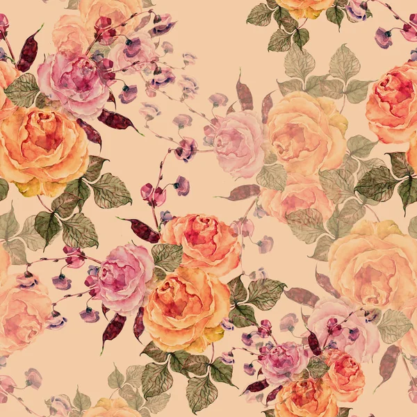 Ακουαρέλα Floral Μοτίβο Άνευ Ραφής Λουλούδια Τριαντάφυλλο Λουλούδια Φασόλια Μπεζ — Φωτογραφία Αρχείου