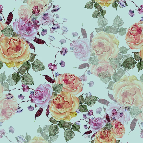 Watercolor Floral Seamless Pattern Flowers Rose Flowers Haricot Blue Background — Stock Photo, Image