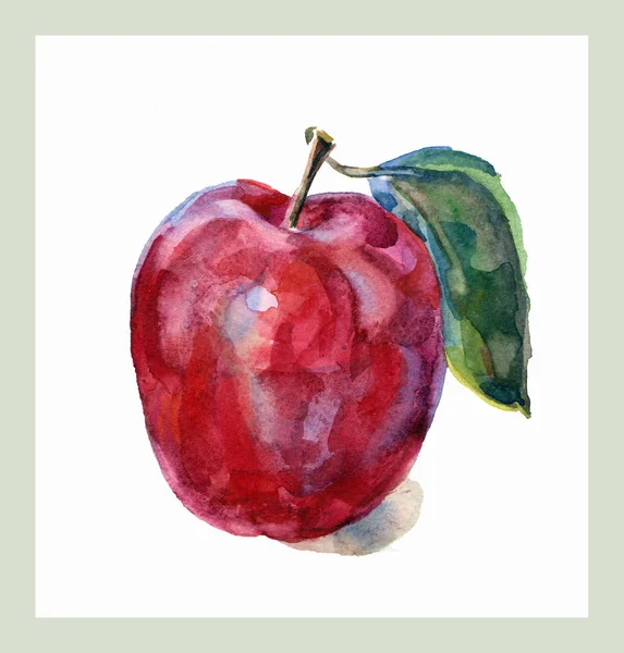 Aquarelle Deux Rouge Grande Pomme Avec Feuille — Photo