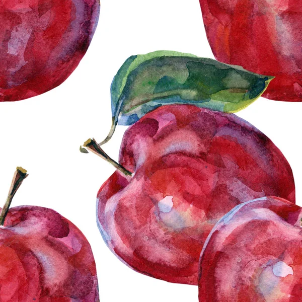 Akvarelu Červené Jablko Velké List Vzor Bezešvé — Stock fotografie