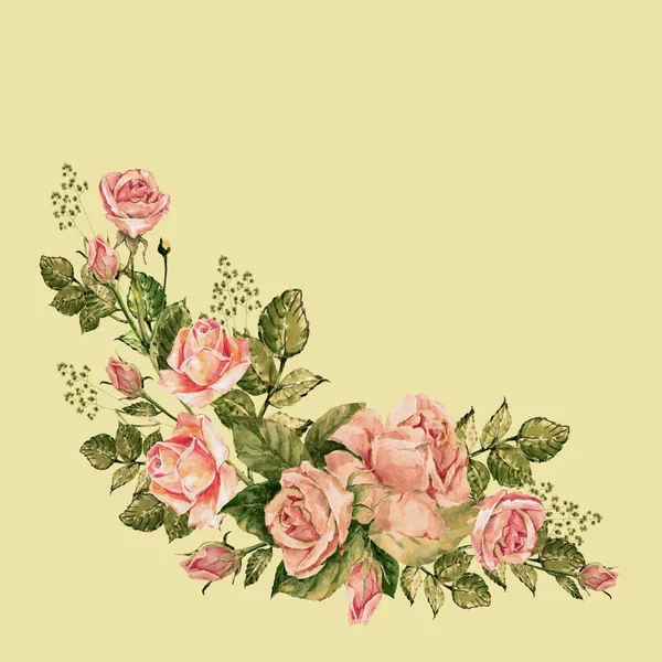 Watercolor corner of roses. Illustration on a lime green background.