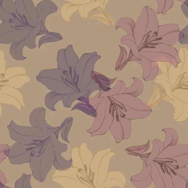 Different Color Flowers Lily Decorative Seamless Pattern — Stock Photo, Image