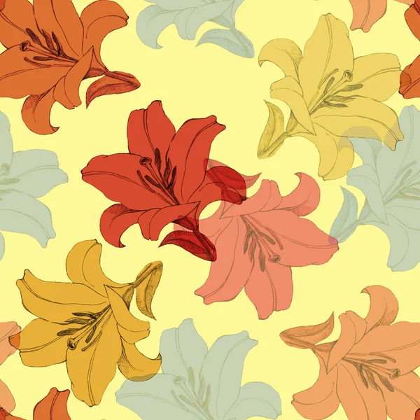 Different Color Flowers Lily Decorative Seamless Pattern Yellow Background — Stock Photo, Image