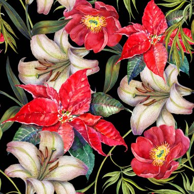 Sulu boya Noel çiçekler. Seamless modeli lily ve siyah bir zemin üzerine Atatürk çiçeği.