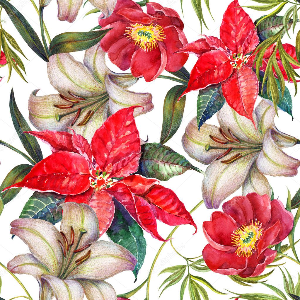 Watercolor Christmas flowers. Seamless pattern lily and poinsettia on a white background.